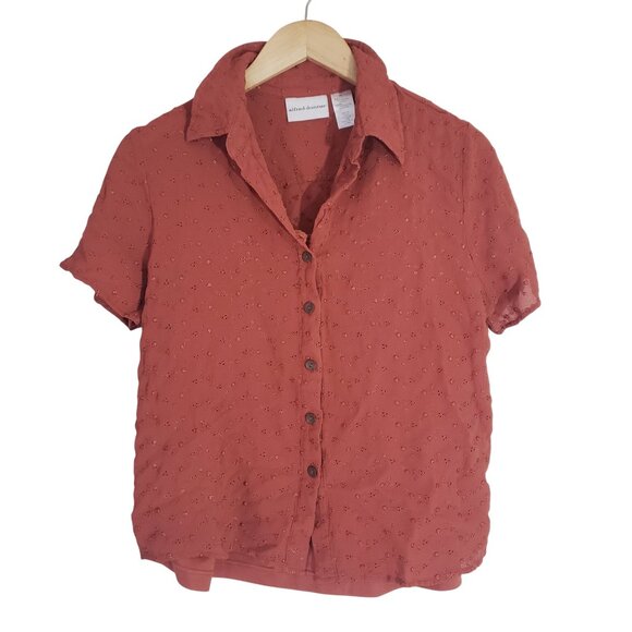 Alfred Dunner Womens Y2K Rust Eyelet Button-Up Shirt Size 14 Short Sleeve Casual - Picture 1 of 6